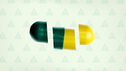 Light green background with texture and warning sign pattern. In the center is a green and yellow capsule pill cut into thirds.
GoodRx Health 