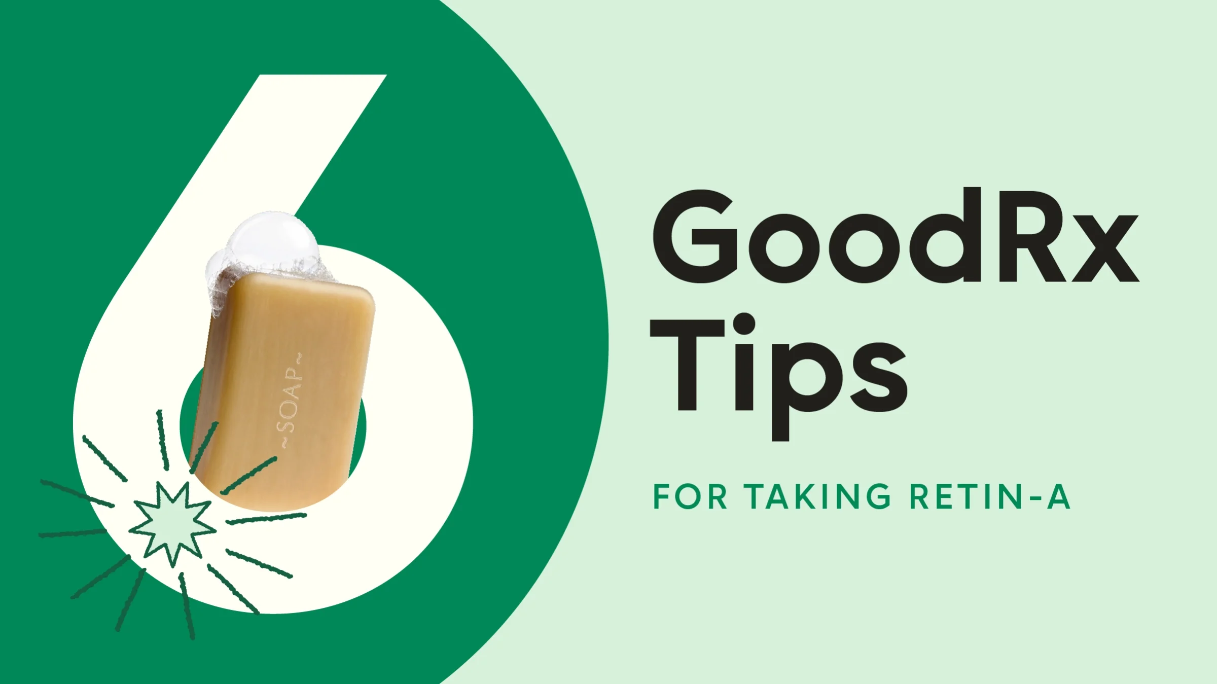 Light green background with dark green half circle on the left. The title text reads: “6 GoodRx Tips for Taking Retin-A.” Coming out of the center of the number 6 is a natural bar of soap.