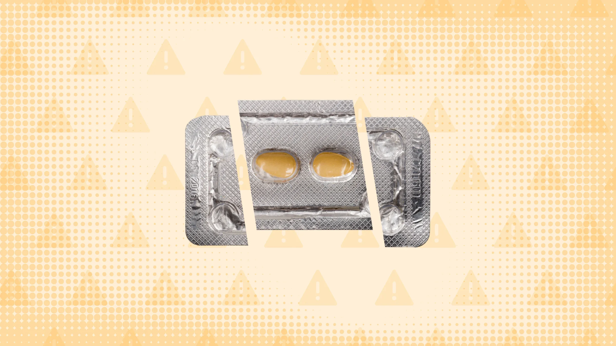 Orange-yellow background with texture and warning sign pattern. In the center is a blister pack of two Cialis pills cut into thirds.
GoodRx Health