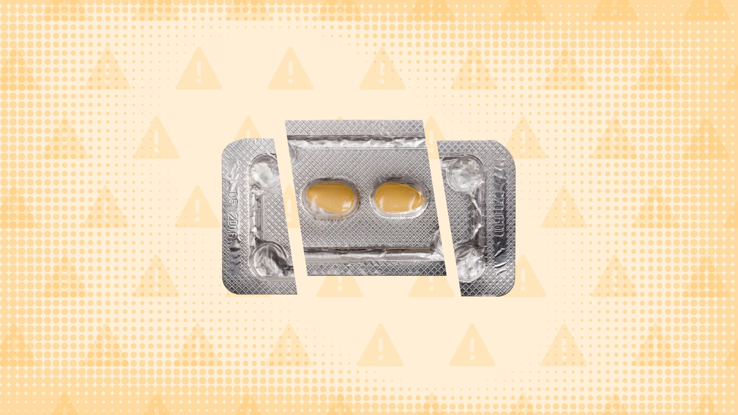 Orange-yellow background with texture and warning sign pattern. In the center is a blister pack of two Cialis pills cut into thirds.