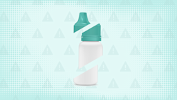 Teal background with texture and warning sign pattern. In the center is an eye drop bottle with a teal cap cut into thirds.  
GoodRx Health