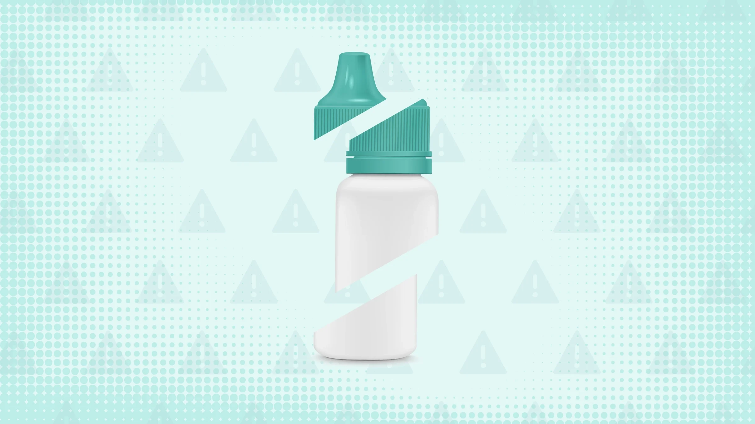 Teal background with texture and warning sign pattern. In the center is an eye drop bottle with a teal cap cut into thirds.  