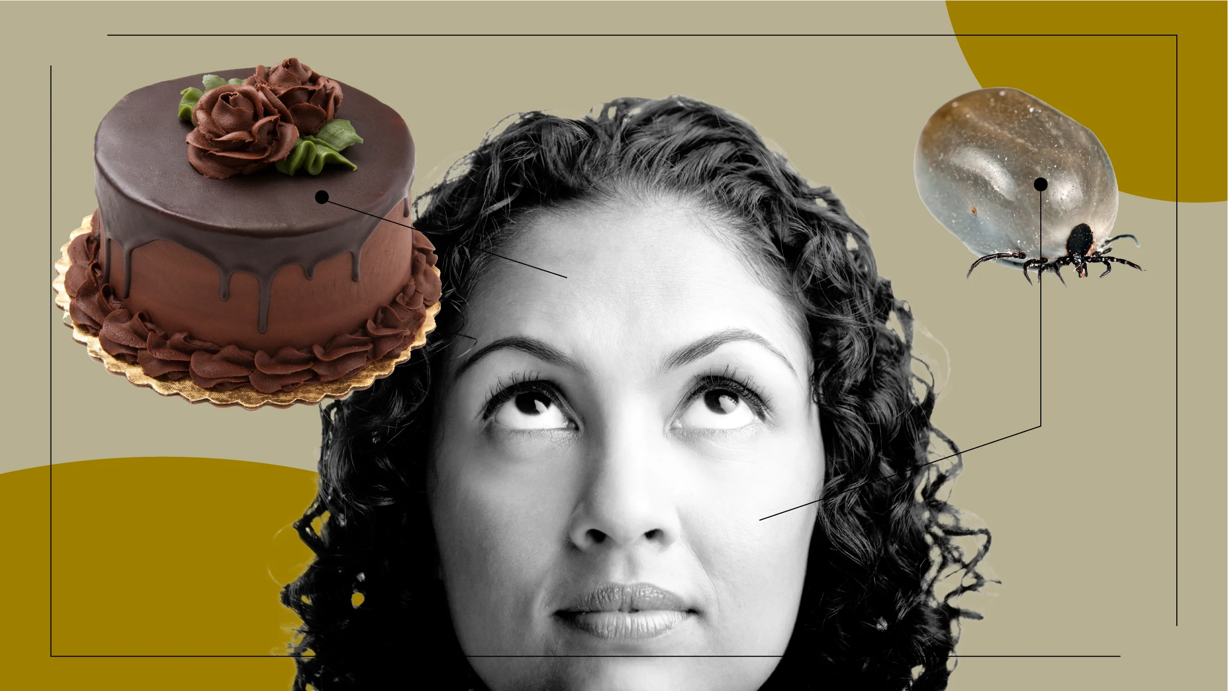 Tan background with a black-and-white cutout of a woman’s head with her eyes looking up. Off of her are diagram lines pointing to objects representing the feelings of weight fluctuations. On the left is a chocolate cake, and on the right is a bloated tick.