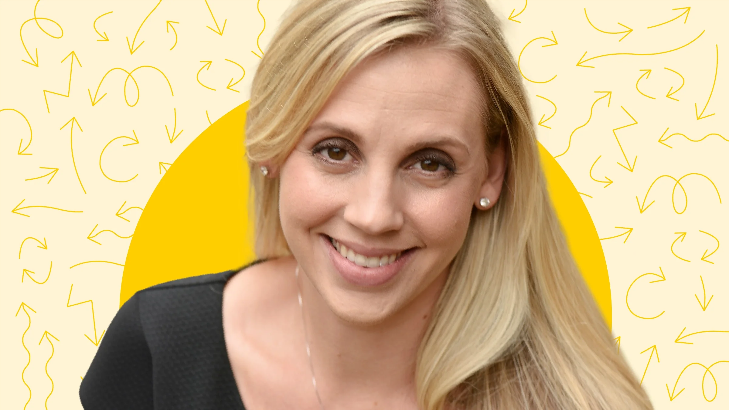 Cutout portrait of Colleen Oakley on a light yellow background with yellow doodle arrow pattern.