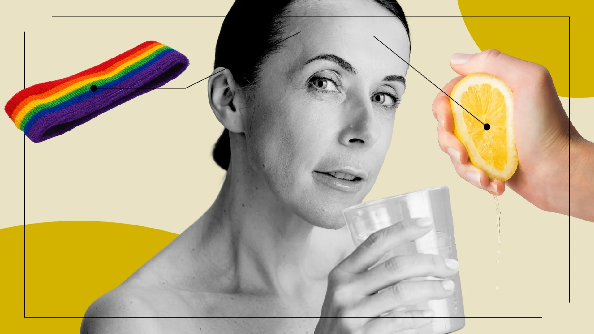 Photo collage with a portrait of a woman drinking a glass of water. There are diagram lines pointing from her forehead to a sweatband and a hand squeezing a lemon.
