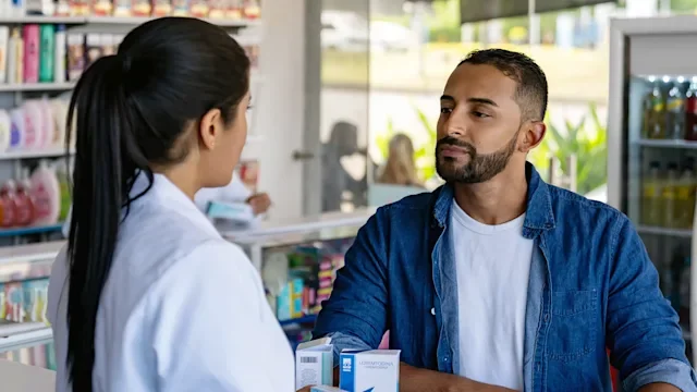 Pharmacy: customer and pharmacist 1691694922