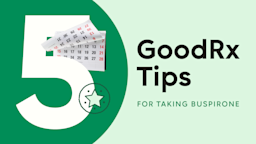 Light-green background with a dark-green half circle on the left. The text reads “5 Good Tips.” On top of the number five is a heart with a calendar and a star.  
GoodRx Health