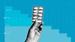 In the center of a bright blue-teal background with graph paper texture and representational step graph is a black and white cutout image of a hand holding a blister pack of white pills. 
GoodRx Health