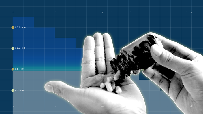 Dark blue background with graph paper texture and representational step graph. In the center is black-and-white cutout of a hand pouring a bottle of supplements into a palm. 