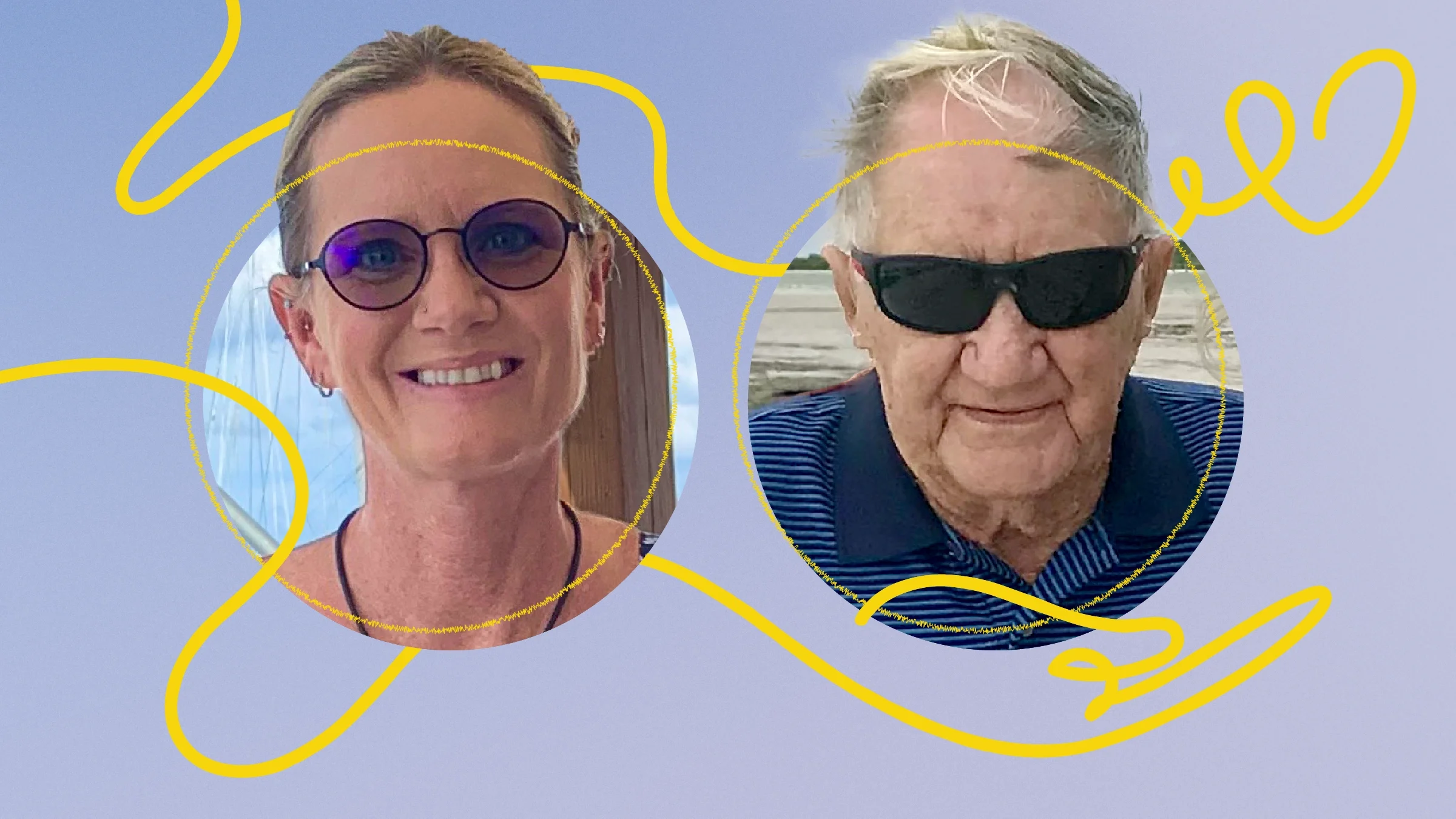 A graphic with a purple background and yellow doodles forming a hand, intertwined with portraits of Theresa Wilbanks and Richard Detwiler.