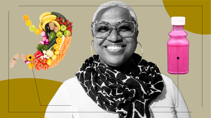 A graphic includes a portrait of a woman surrounded by items representing how berberine feels: fruit in the shape of a stomach and a bottle of Pepto-Bismol. 