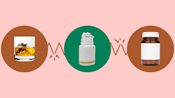 A custom graphic representing disulfiram interactions includes medication bottles and a glass of alcohol inside circles.
GoodRx Health