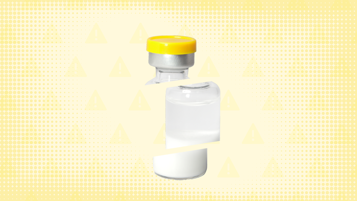 Light yellow background with texture and warning sign pattern. In the center is a medication vial with a yellow top cut into thirds.