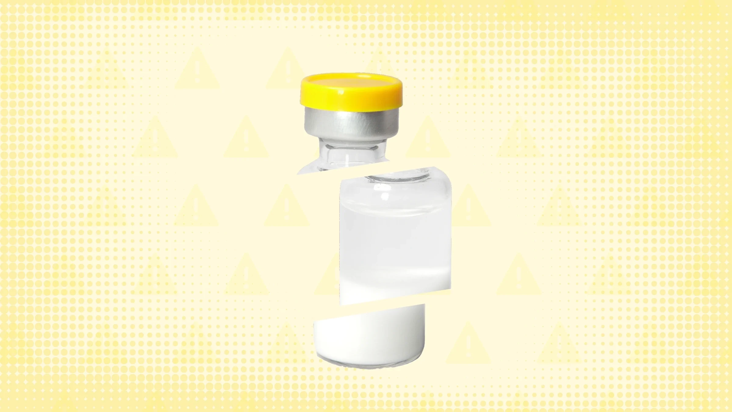 Light yellow background with texture and warning sign pattern. In the center is a medication vial with a yellow top cut into thirds.