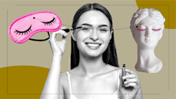 A graphic shows a black-and-white portrait of a smiling woman with images of a sleep mask and a statue with eyelashes.
GoodRx Health
