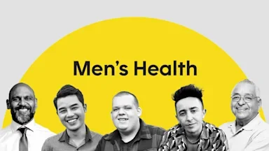 Black and white portraits of various men on a graphic background of a half yellow circle with a gray background.
Portraits courtesy of Getty Images
