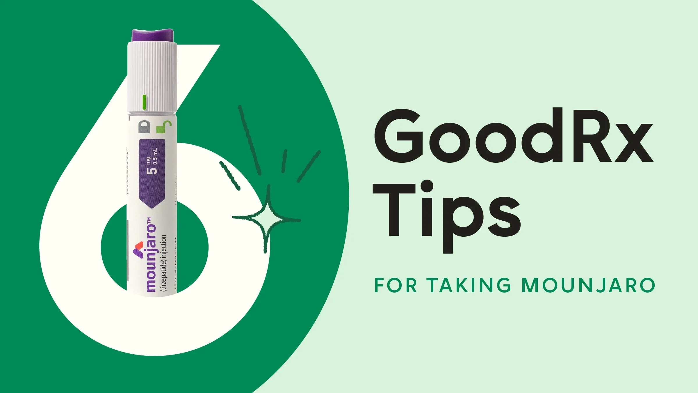 The image shows a light green background with a dark green half circle on the left. The text reads “6 GoodRx Tips for Taking Mounjaro.” Coming out of the number six is a product image of the Mounjaro pen.
GoodRx Health