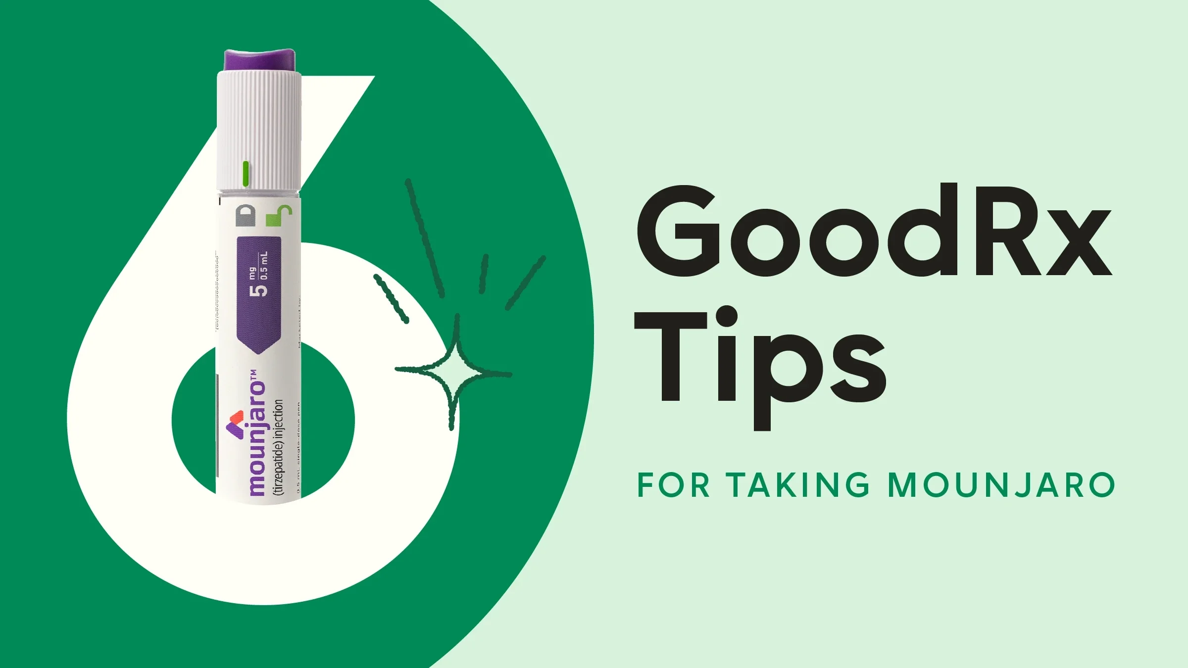 The image shows a light green background with a dark green half circle on the left. The text reads “6 GoodRx Tips for Taking Mounjaro.” Coming out of the number six is a product image of the Mounjaro pen.