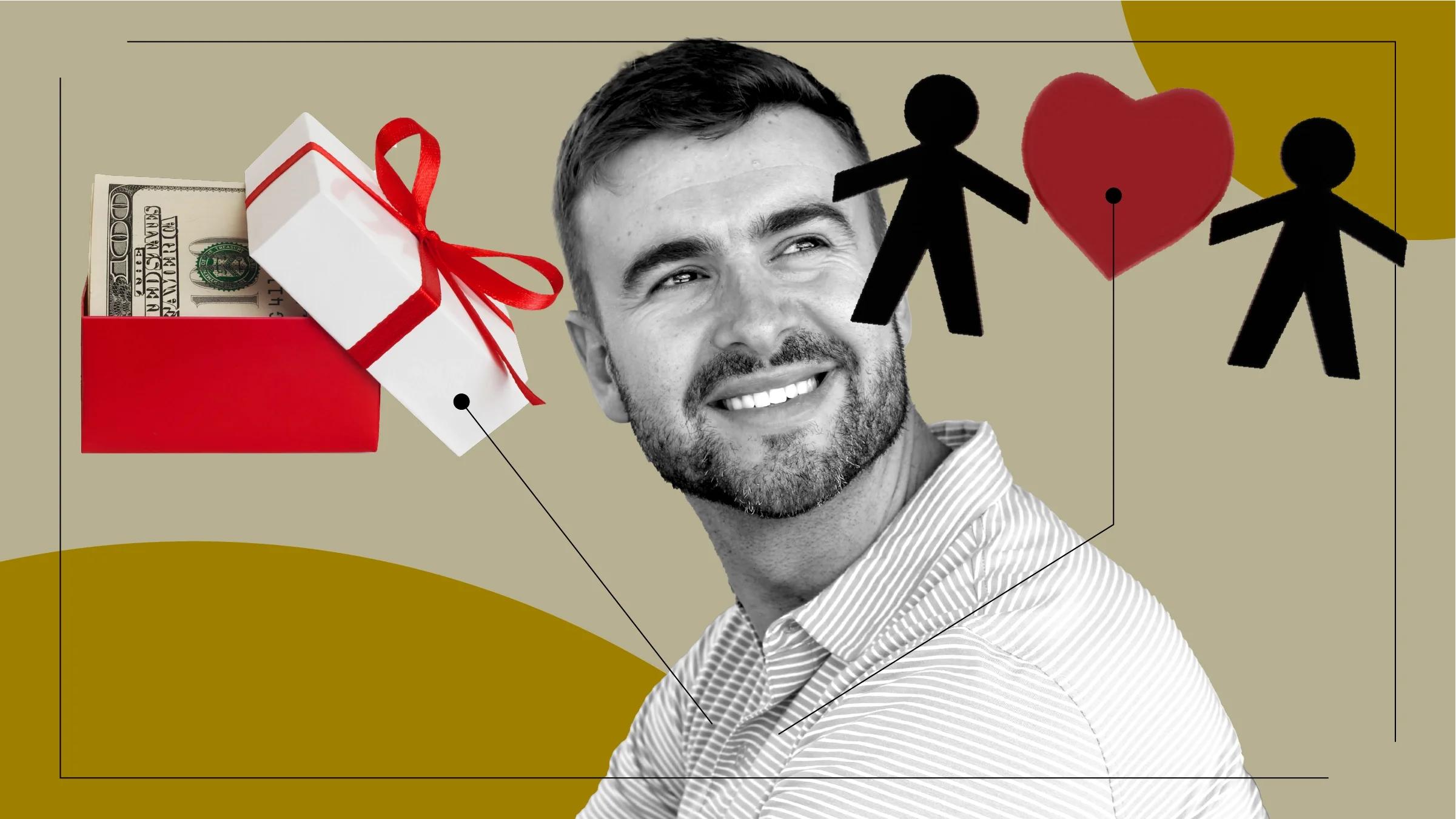 Tan background with black-and-white cutout portrait of a man smiling and looking up. Off of him are diagram lines pointing to objects representing the aftereffects of Anthony Purcell’s spinal injury. On the left is a gift box of money. On the right are paper cutouts of people with a heart in between. 
