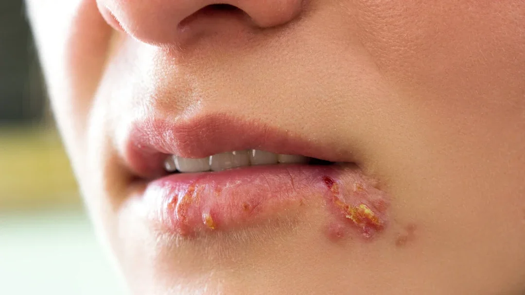 Herpes: closeup herpes blisters mouth 639695940