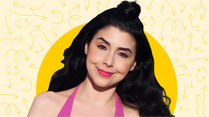 Cutout image of Marisa Zeppieri on a yellow background with a doodled arrow pattern. There is a halo of a yellow circle behind her.