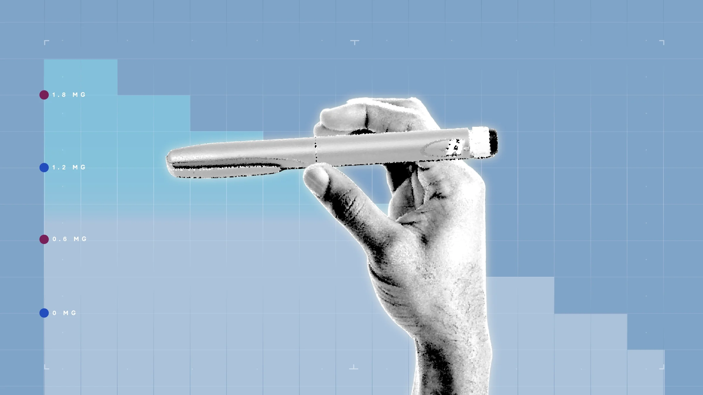 An illustration depicts a hand holding a Victoza pen against a blue, graph-paper background.