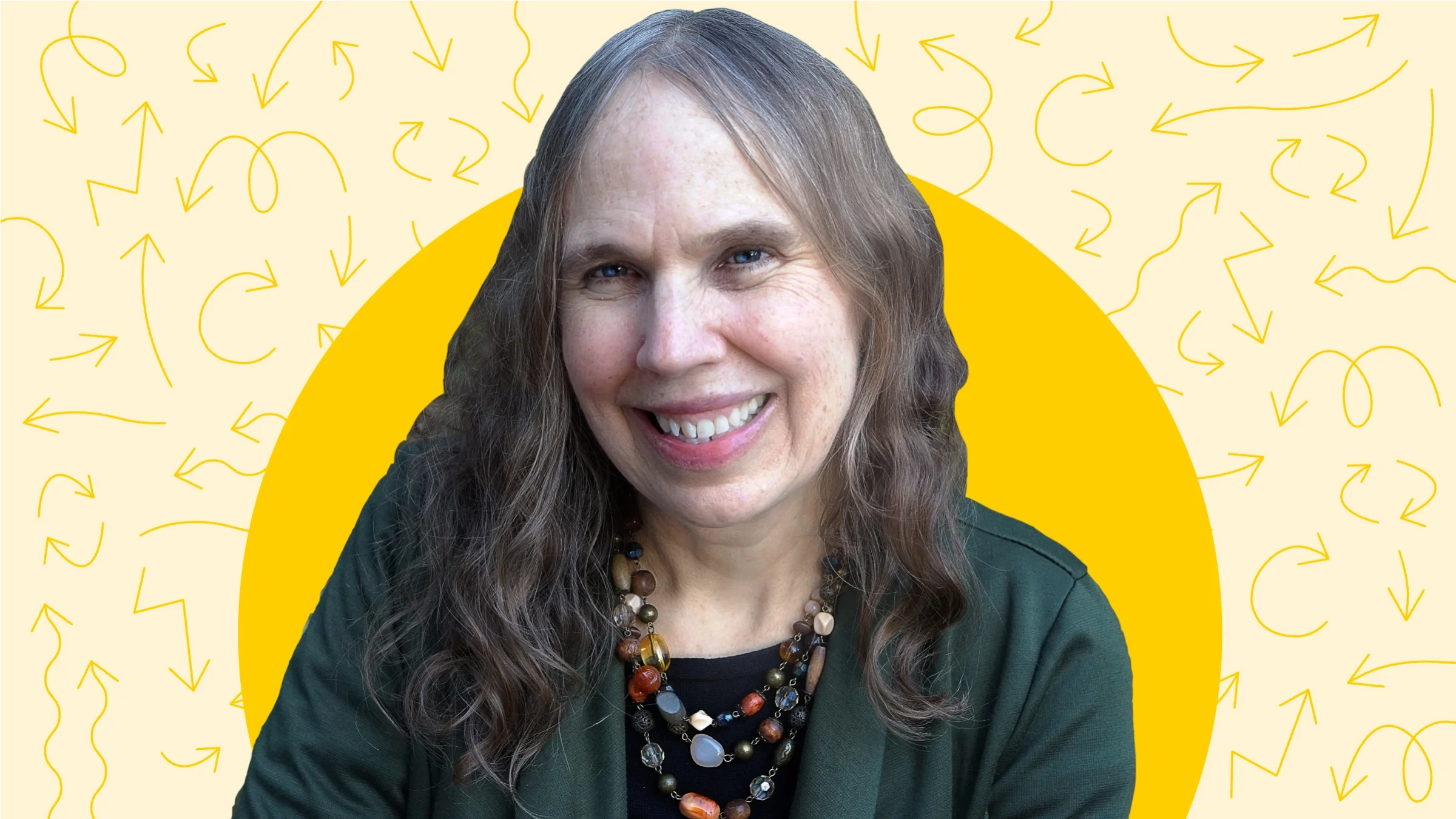 A custom graphic includes a photo of Maria Veres framed by a yellow circle and a yellow doodle-pattern background.