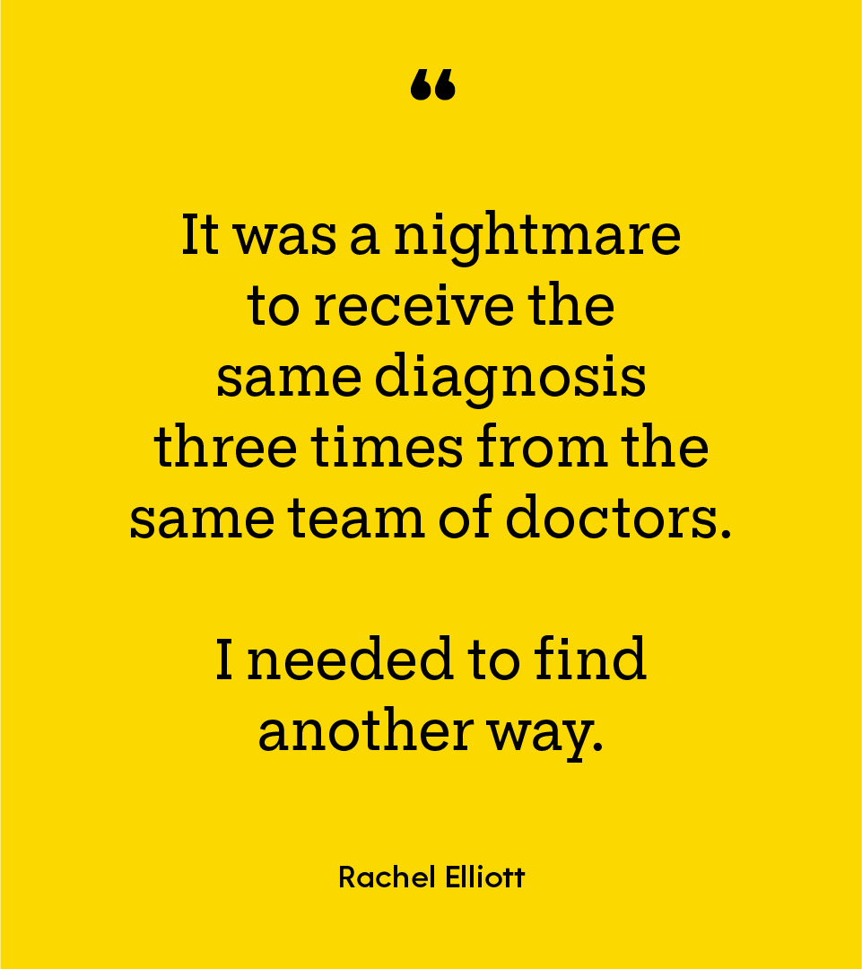 Yellow box with the quote “It was a nightmare to receive the same diagnosis three times from the same team of doctors. I needed to find another way.” inside of it