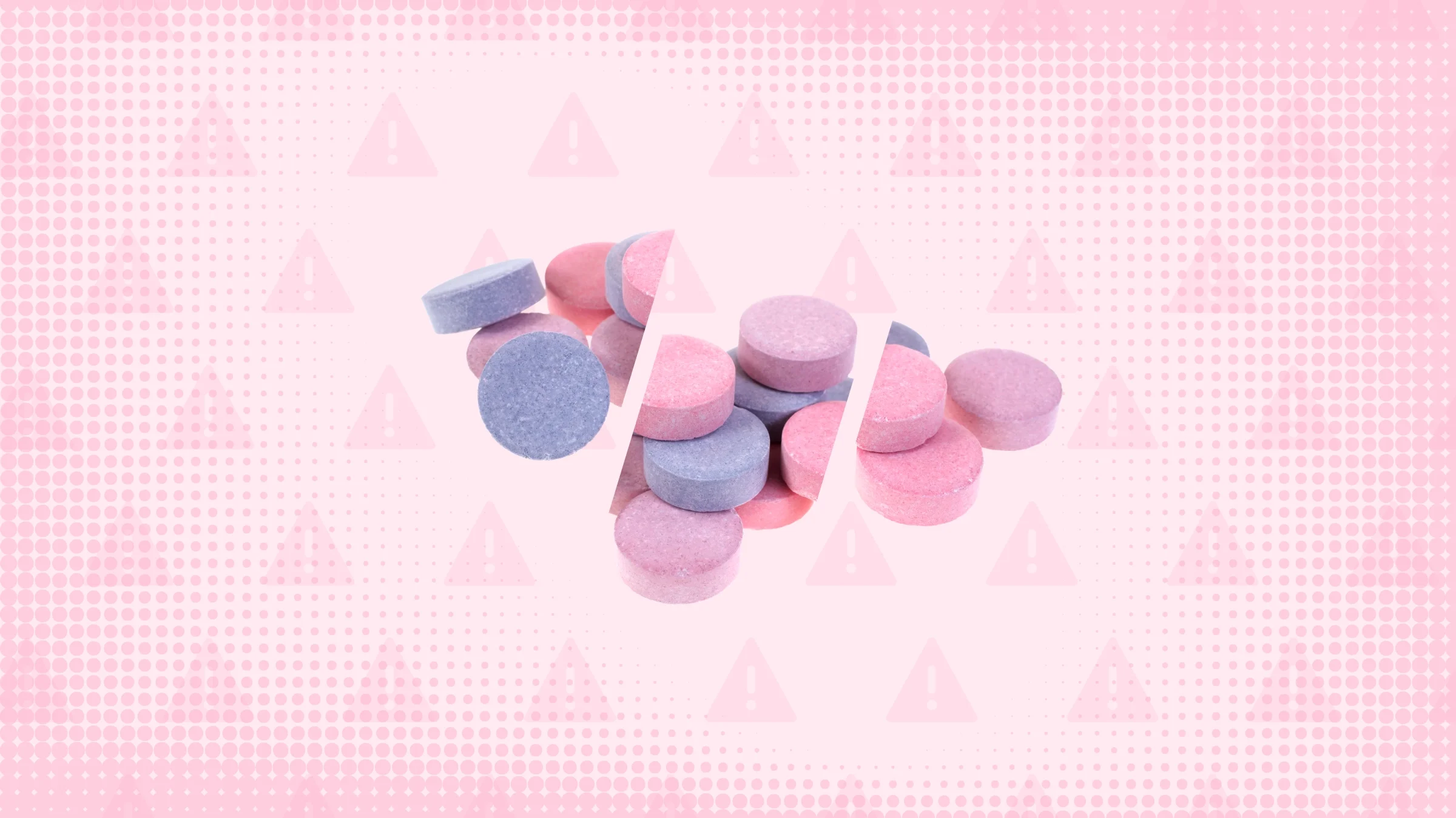 A graphic about Tums side effects includes a pink background with warning signs and a pile of antacids cut into thirds. 