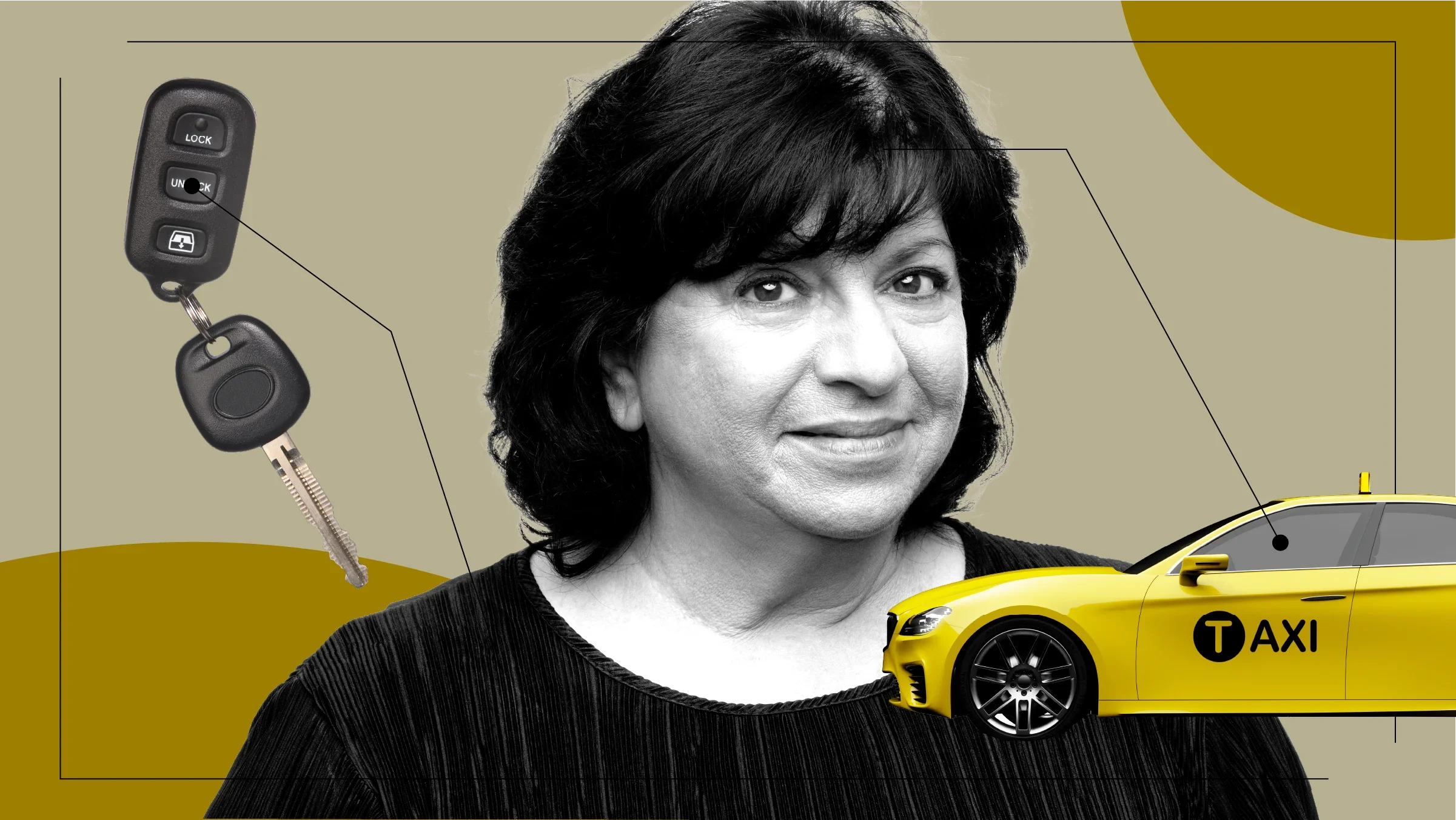 Tan background with black and white cutout image of a woman in the center. Off of her are diagram lines pointing to objects representing the loss of the ability to drive. On the left is a set of car keys and on the right is a yellow taxi.
GoodRx Health