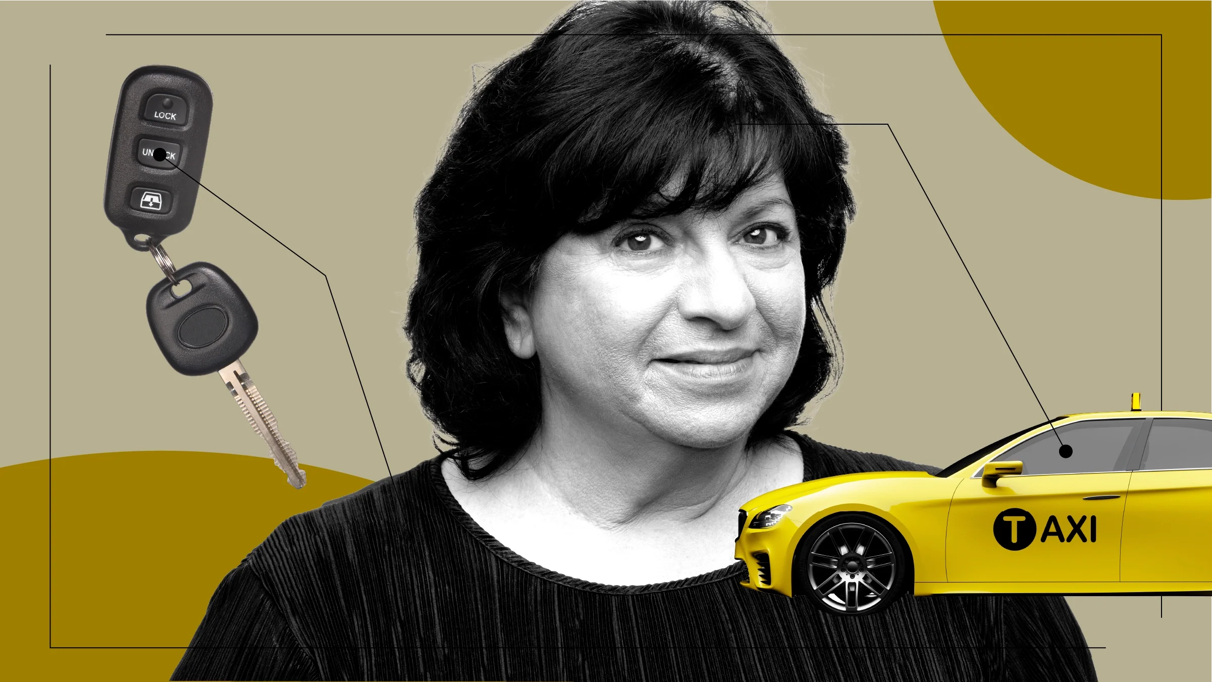 Tan background with black and white cutout image of a woman in the center. Off of her are diagram lines pointing to objects representing the loss of the ability to drive. On the left is a set of car keys and on the right is a yellow taxi.