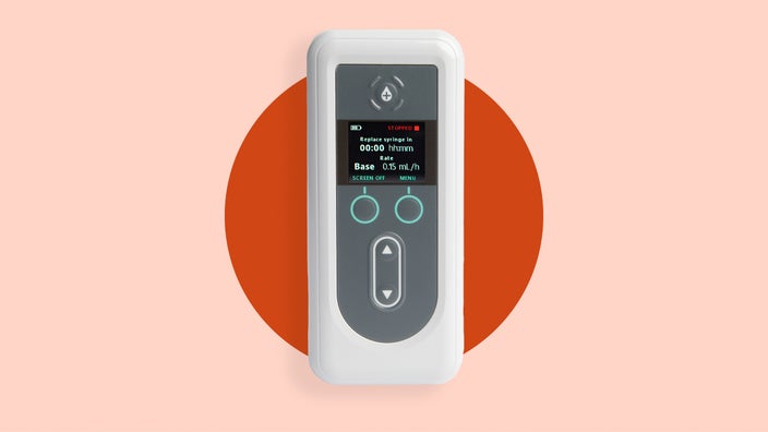 A Vyalev pump is shown against a pink background, highlighted by a red circle. 