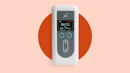 A Vyalev pump is shown against a pink background, highlighted by a red circle. 
Courtesy of Abbvie