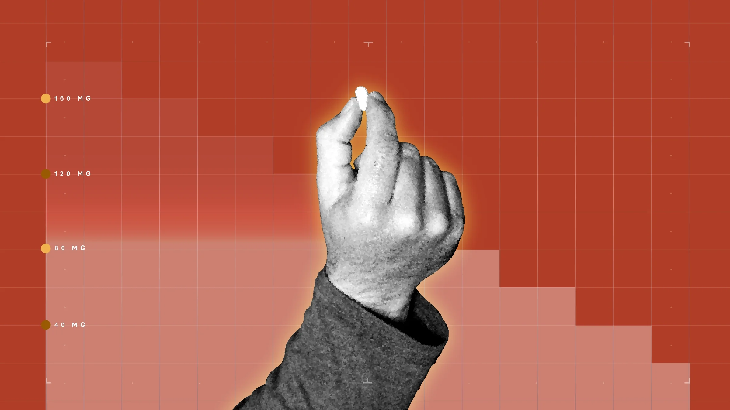 Red-orange background with graph paper texture and representational step graph. In the center is a black-and-white cutout of a hand holding a single pill.