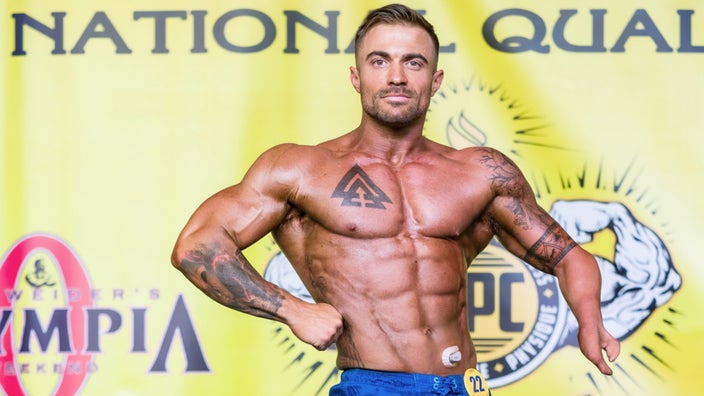 Chris Ruden is pictured in a bodybuilding competition.