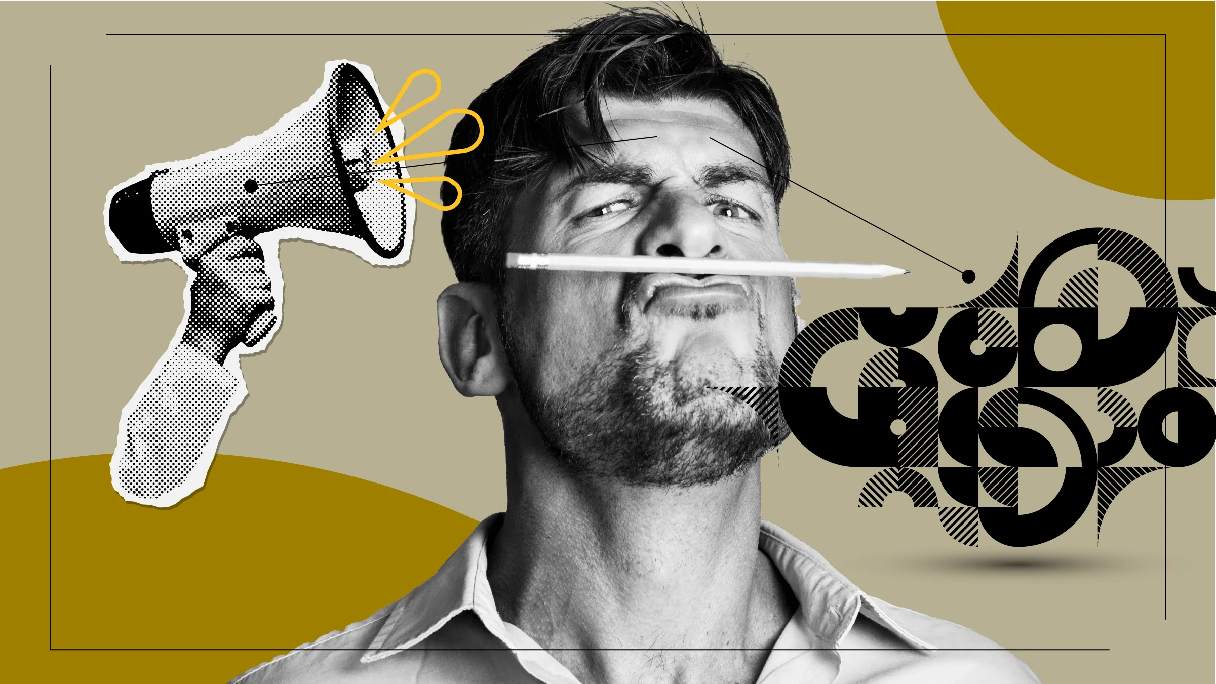 A graphic about having dyslexia shows a man frowning with a pencil, a megaphone, and a black-and-white patterned design.