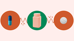 Light red background with three circles across the frame. The one in the middle is a green circle with a light peach colored pill bottle on it. There is a broken zig-zag line connecting them all. To the left is a red circle with a blue capsule pill. To the right is a red circle with a round white pill.
GoodRx Health
