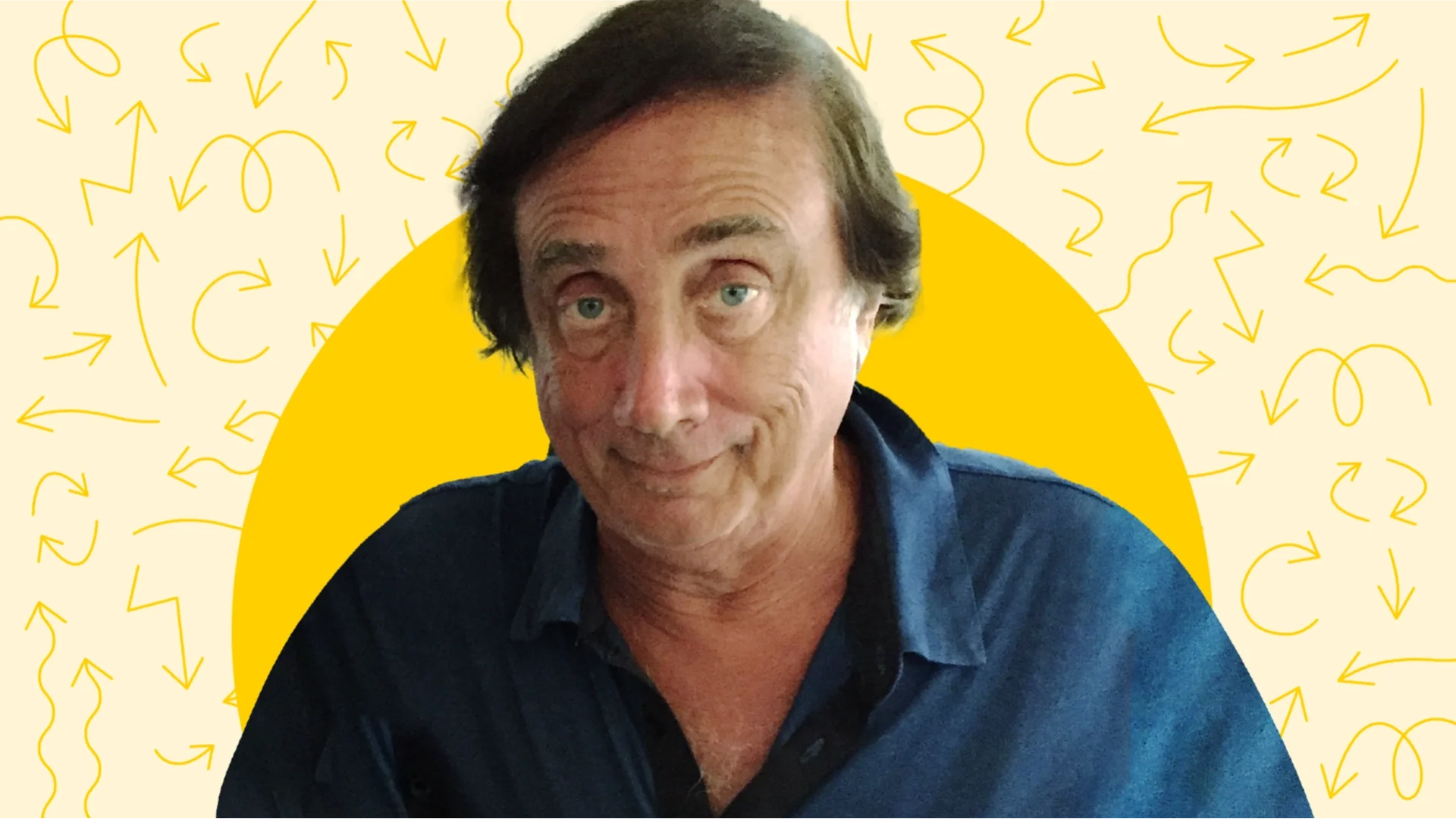 A portrait of Ken Devoe is surrounded by a light-yellow background with arrows doodled on it.