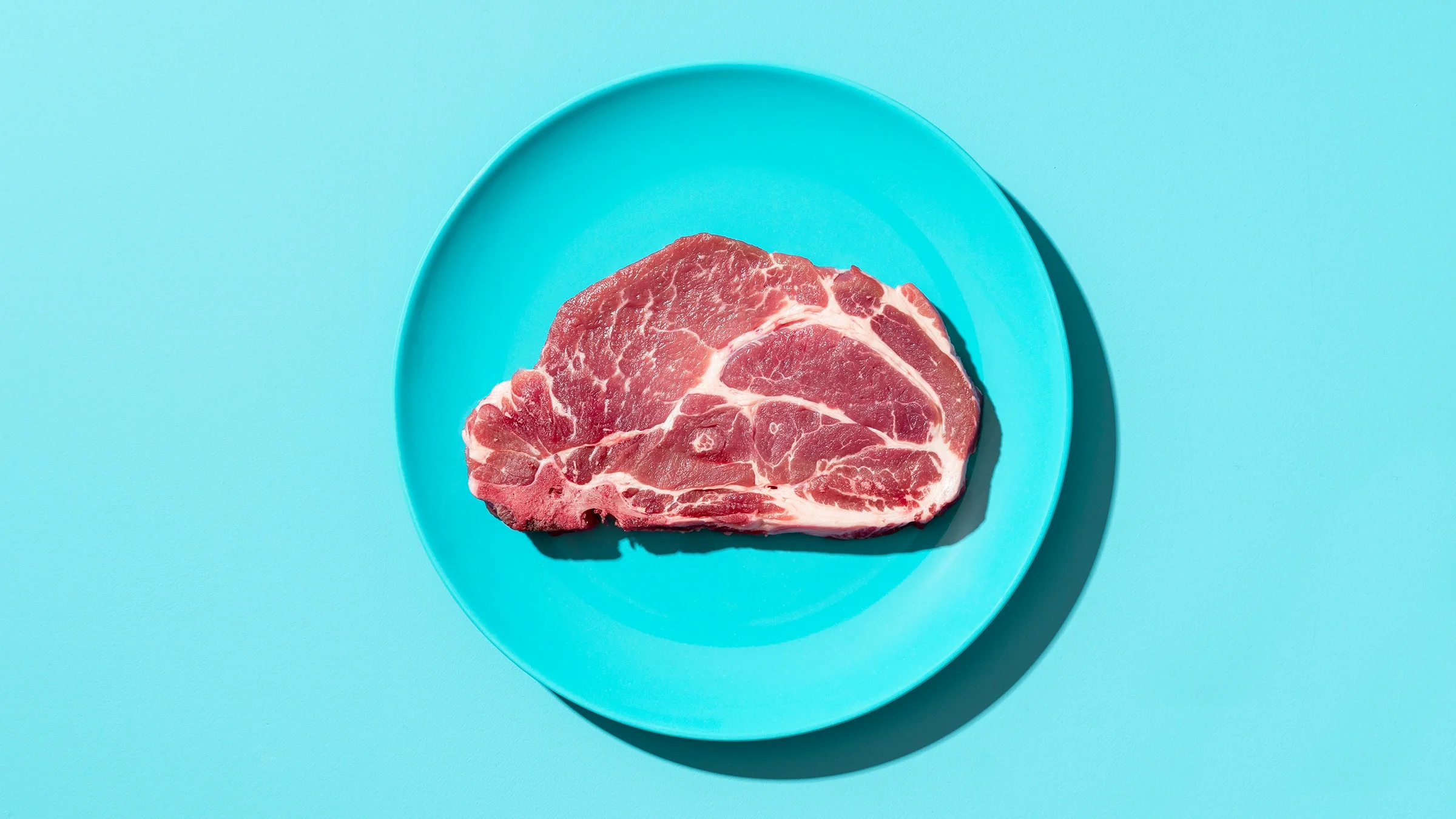 Still-life overhead view of raw pork on a teal plate.