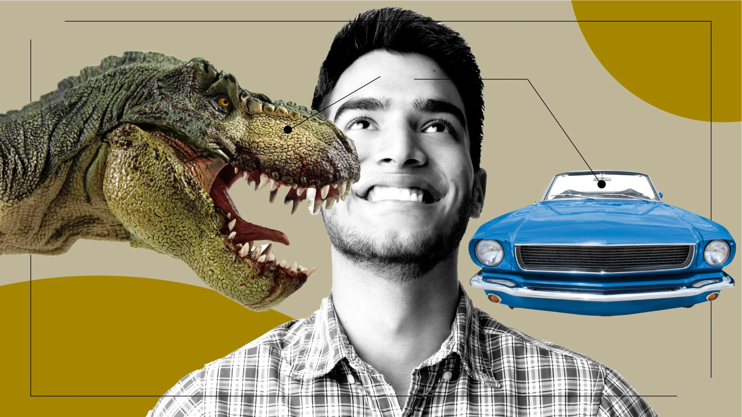 Custom graphic showing what it feels like to have bipolar 1 disorder. In the center is a black-and-white portrait of a young man looking up. Off of him are diagram lines pointing to objects representing the feelings. On the left is a T-Rex with its mouth open. On the right is a classic blue sports car.