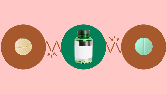 Light red background with three circles across the frame. In the center, on a green circle, is a green supplement bottle. On the left, on a red circle, is a round pastel yellow pill. On the right, on a red circle, is a round green pastel pill. 
