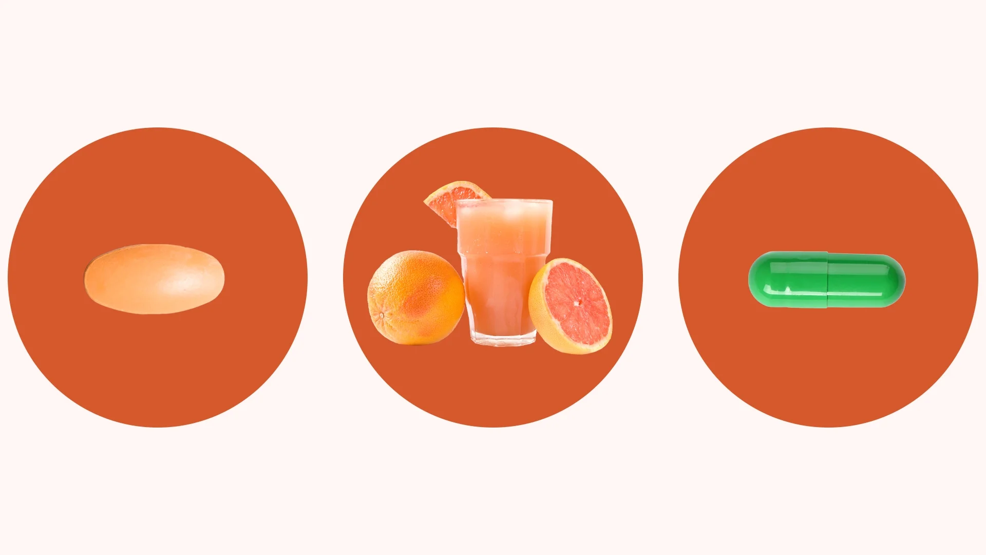 Light pink background with three red circles lined up from left to right. The left circle has a pill, the center circle has grapefruit juice, and the right circle has a green pill. These are all types of things that interact with imodium.