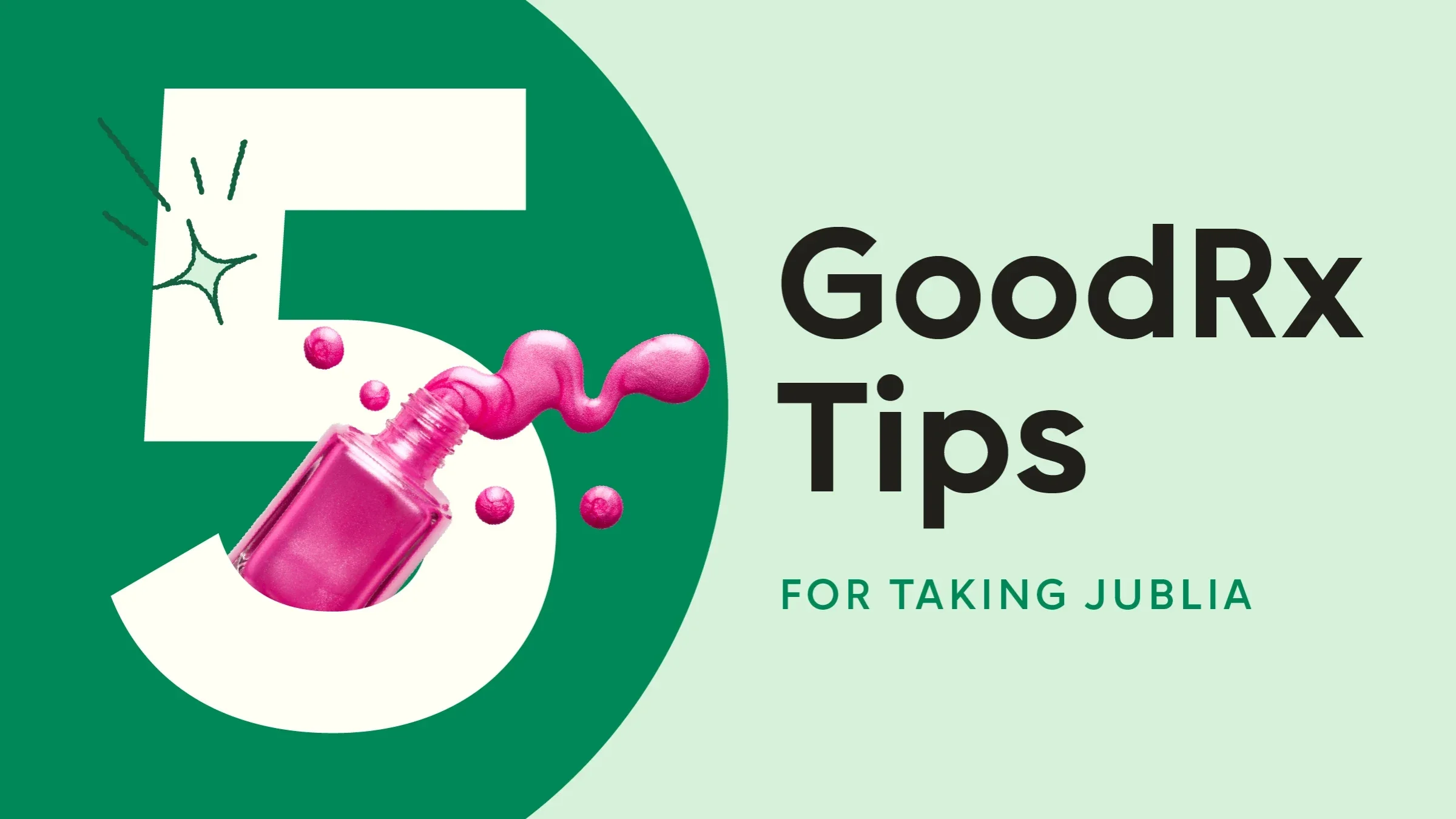 Pictured against a light green background with dark green half circle on the left side, the text reads: “5 GoodRx Tips for Taking Jublia.” Coming out from behind the number five is a bottle spilling pink nail polish.
GoodRx Health
