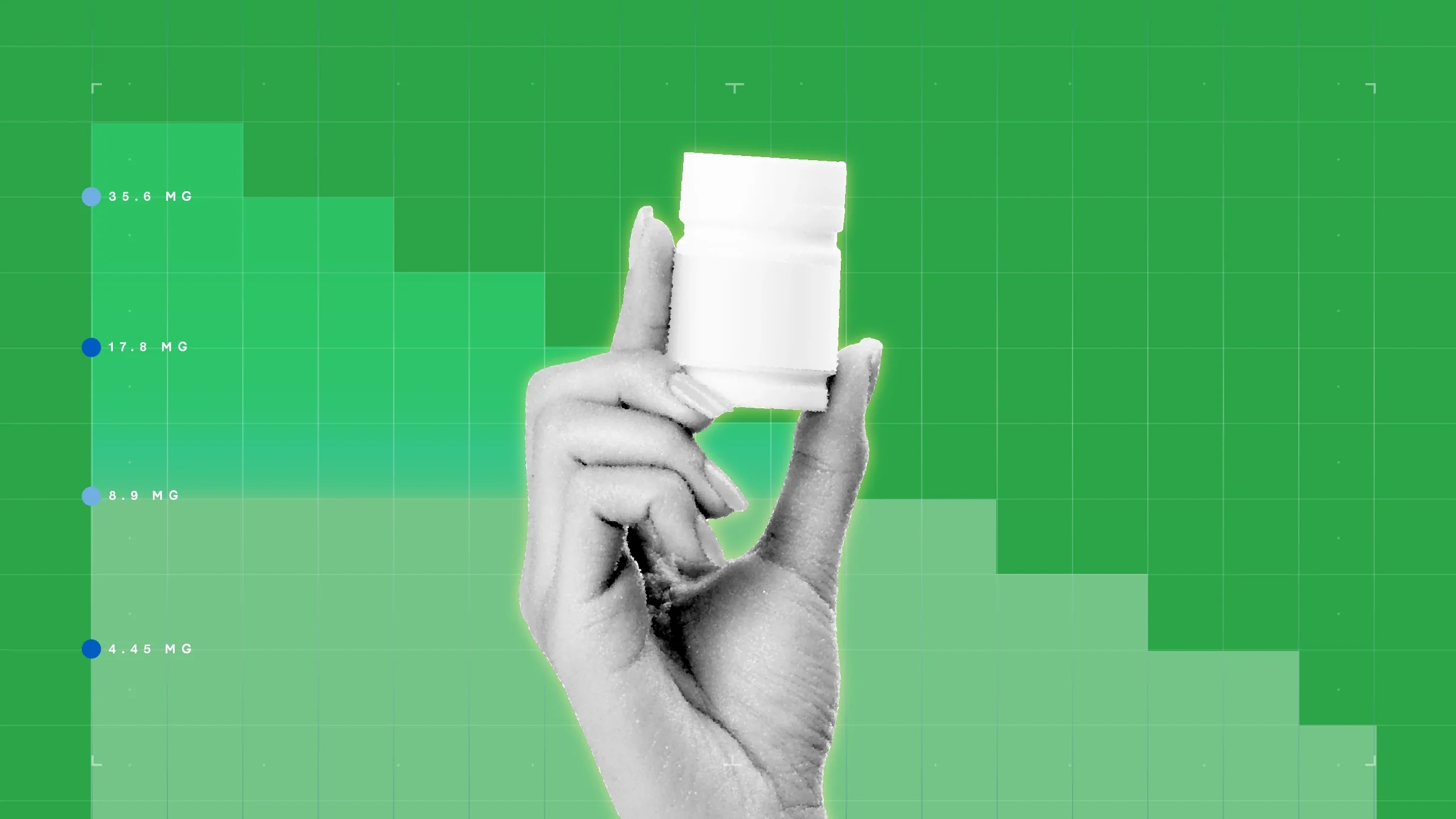 Green background with graph paper texture and representational step graph. In the center is a black-and-white cutout of a hand holding a small white pill bottle.