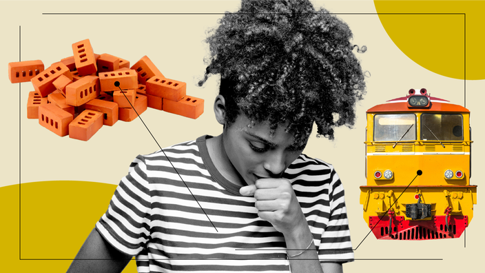 A representational graphic of what it feels like to have the flu includes a person in the center in black and white and lines pointing to bricks and a train.