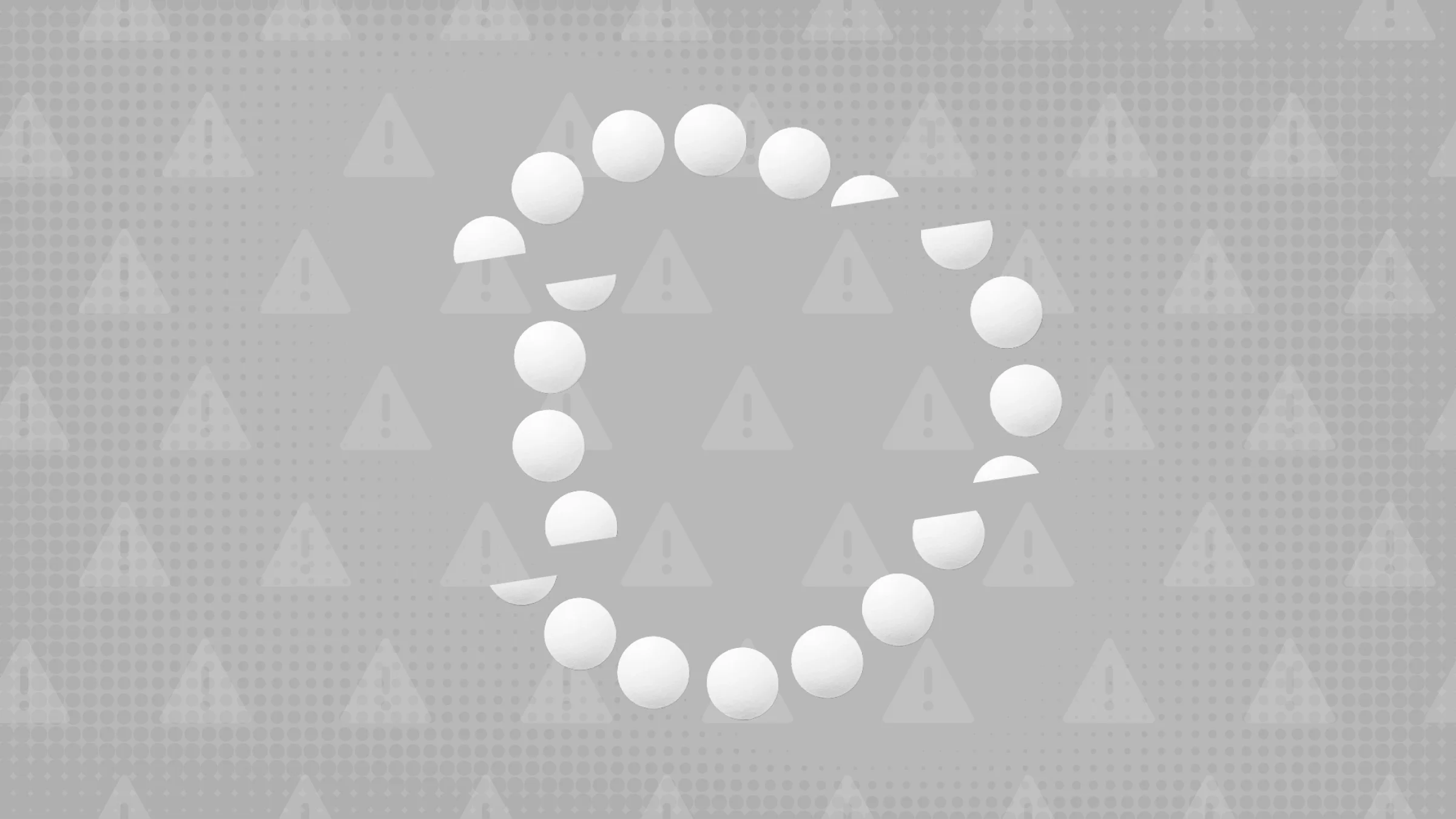 Gray background with texture and warning sign pattern. In the center is a ring of white pills cut into thirds.