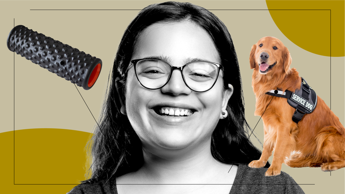 Custom graphic showing a black-and-white portrait of a young woman with glasses and items representing what cerebral palsy feels like. To her left is a spiky foam roller and to her right is a service dog. 
