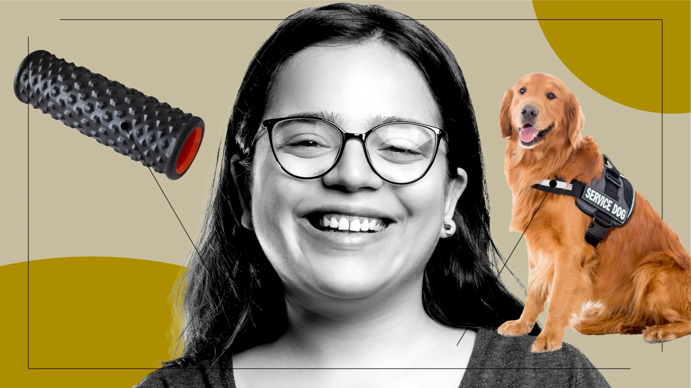Custom graphic showing a black-and-white portrait of a young woman with glasses and items representing what cerebral palsy feels like. To her left is a spiky foam roller and to her right is a service dog.