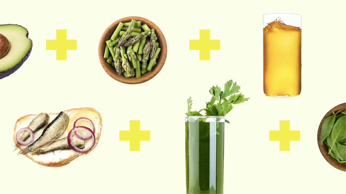 Light-yellow background with yellow plus signs separating food items. The top row has: an avocado, a bowl of asparagus, and a glass of kombucha. The bottom row has: sardines on toast, celery juice, and a bowl of spinach.