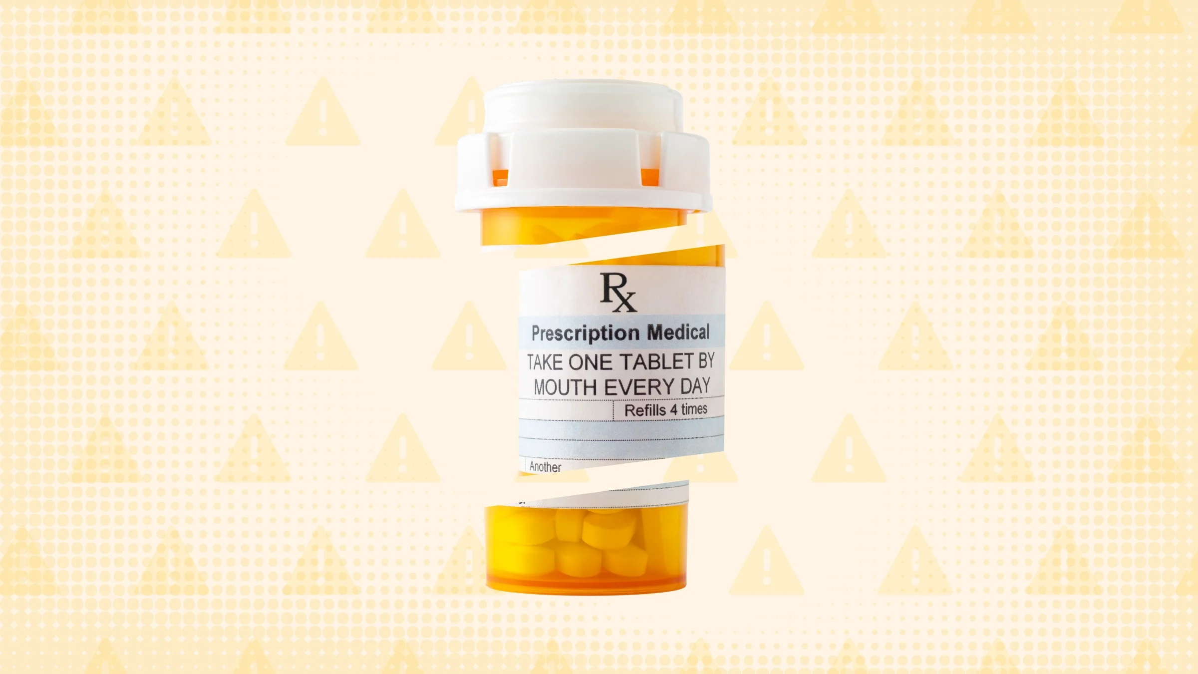 Light orange background with halftone texture and warning sign pattern. In the center is an orange prescription bottle cut into thirds. 